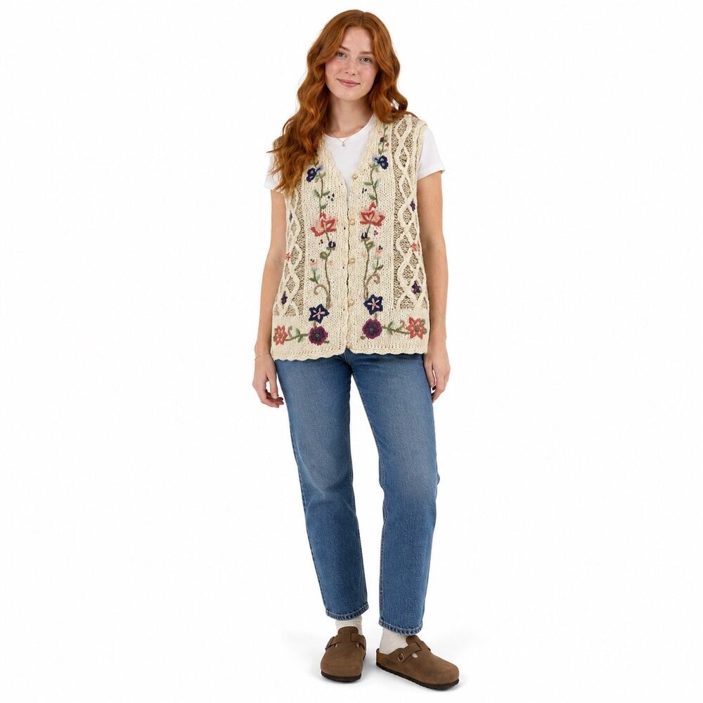Vintage Adrian Delafield Haband Floral Embroidered Knit Vest Size Large 38" Bust